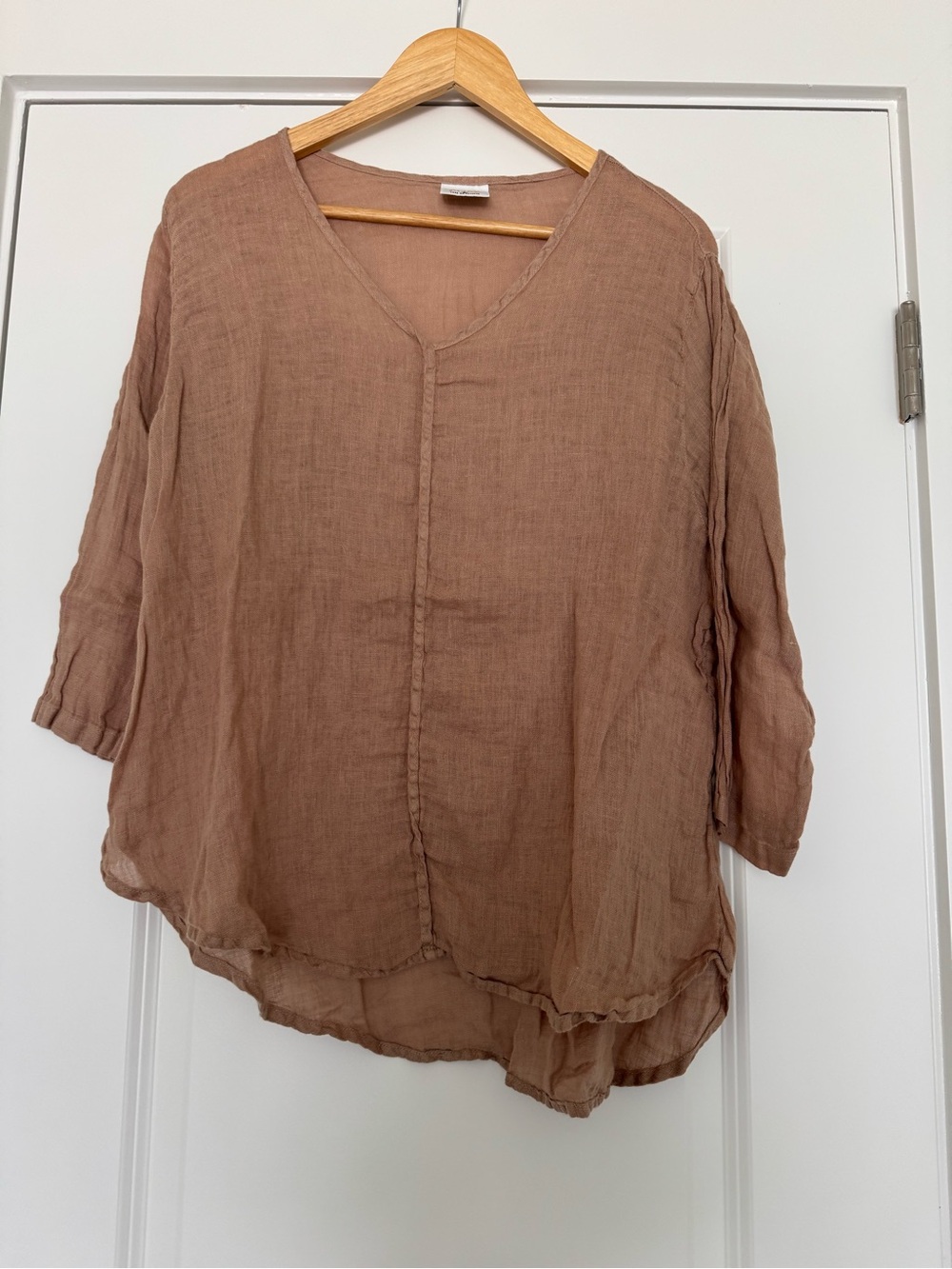 Relaxed V-Neck Gauze Tunic Top in Brown